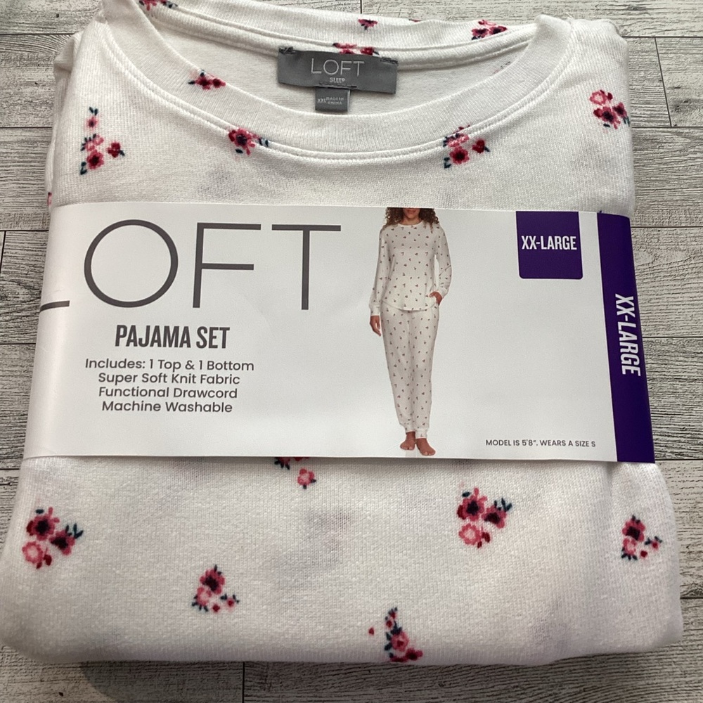 LOFT White Pajama Set with Pink Floral Accents Size:XXL